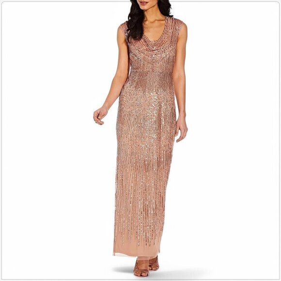 Adrianna Papell Dresses & Skirts - Adrianna Papell Rose Gold Cowl Neck Beaded Sequin Column Gown Dress NWT NEW 4
